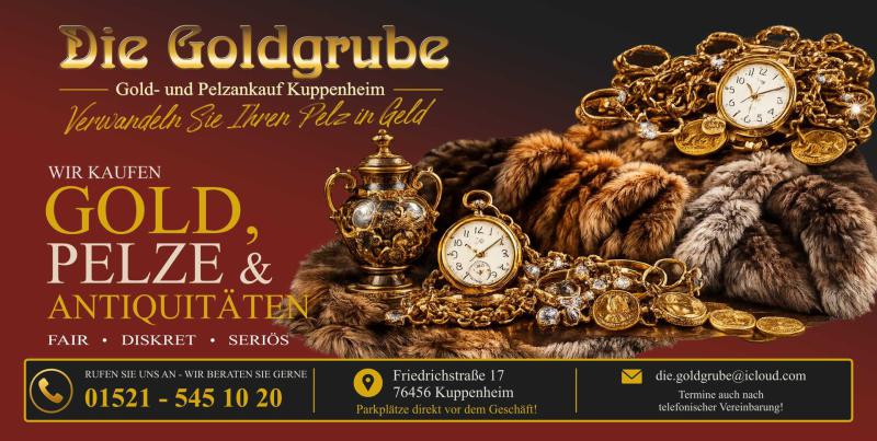 Werbegrafik für Die Goldgrube in Kuppenheim mit Goldschmuck, Taschenuhren, Pelzen und Kontaktdaten.